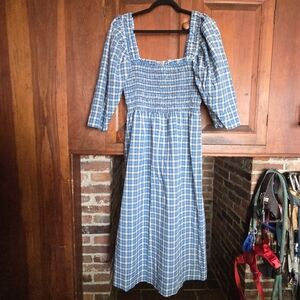 Ganni Shirred Checked Cotton-Blend Seersucker Blue Midi Dress EU 44 | XL | US 14